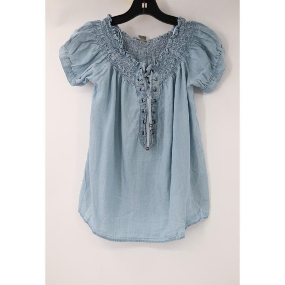 Paper crane blouse women's small strap front short sleeve blue tencel top‎